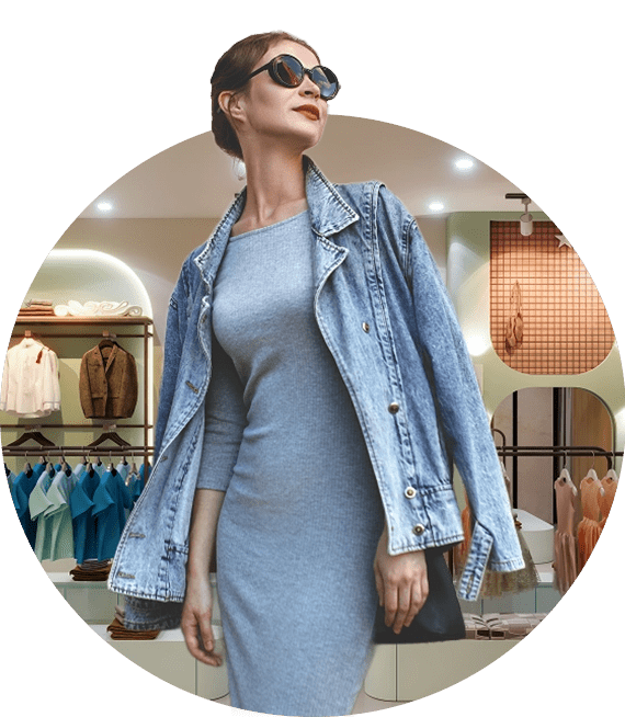 A woman in blue dress and jean jacket.